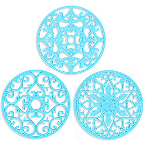Silicone Trivet ME.FAN 3 Set Silicone Trivet Mat - Multi-Use Intricately Carved Insulated Flexible Durable Non Slip Coasters (Blue)