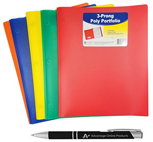 5-Pack C-Line 2 Pocket Heavyweight Poly Portfolio with Prongs, Letter Size, 5-Pack with One of Each Blue, Green, Orange, Red and Yellow with Bonus Custom AdvantageOP Retractable Pen