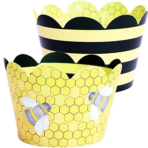Bumble Bee Cupcake Wrappers - 36 Reversible | Yellow and Black Stripe Girl Baby Shower Decoration, Honey Bee Hive Cup Cake Holder, What Will it Be Gender Reveal Party Supplies, Confetti Couture