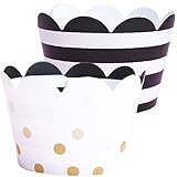 Cupcake Wrappers - Black & White Wedding, Bridal & Baby Shower, Birthday Party Supplies, Reversible Neutral Gender Dessert Wraps - She Said Yes, Hollywood NYE,Grad (Stripe, Gold Silver Dot, 24 Count)