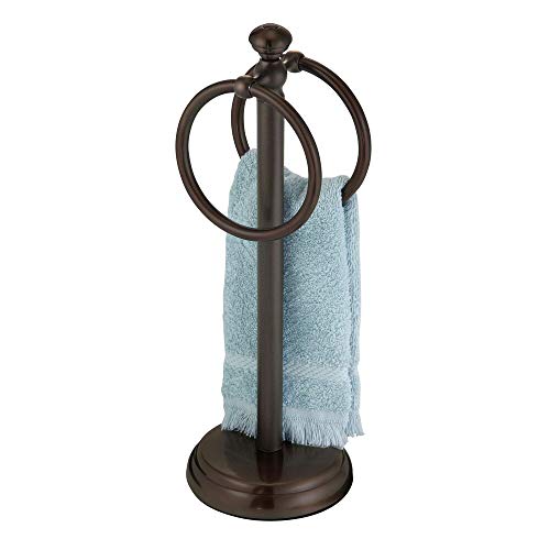 Book Cover mDesign Decorative Metal Fingertip Towel Holder Stand for Bathroom Vanity Countertops to Display and Store Small Guest Towels or Washcloths - 2 Hanging Rings, 14.25