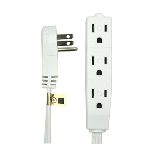 BindMaster 15 Feet Extension Cord / Wire, 3 Prong Grounded, 3 outlets, Angled Flat Plug , White