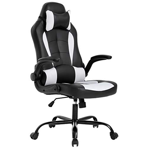 BestOffice PC Gaming Chair Ergonomic Office Chair Cheap Desk Chair with Lumbar Support Flip Up Arms Headrest PU Leather Executive High Back Computer Chair for Adults Women Men, Black and White