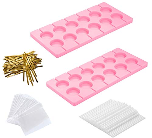 Digoon 2Pcs/Pack 12-Capacity Silicone Lollipop Molds,Hard Candy Mold With 100 Pcs/Pack 4 Inch Lollypop Sucker Sticks,Candy Treat Bags,gold ties