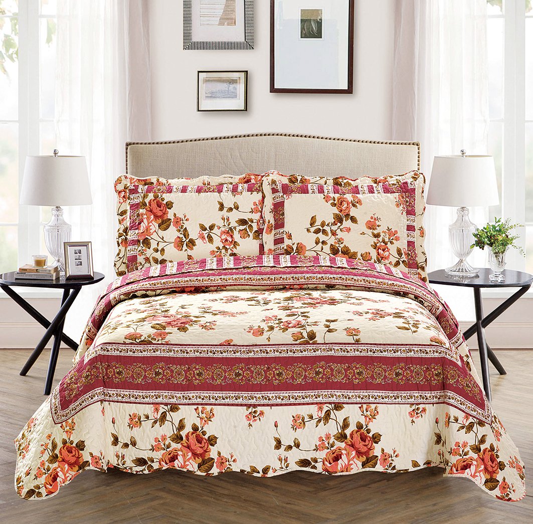 Book Cover Fancy Collection 3 Pc Bedspread Bed Cover Beige Pink Floral King/California King Over size 118