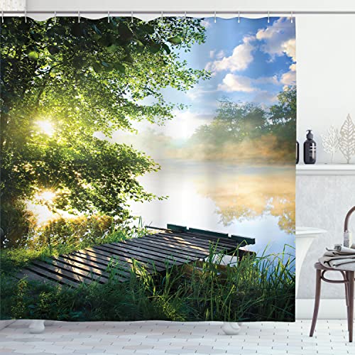Ambesonne Landscape Shower Curtain Bathroom Accessories Set with 12 Hooks Fishing Pier by River in The Morning with Clouds and Trees Nature Image Hotel Quality Bathroom Decor 69" W x 70" L Green Blue