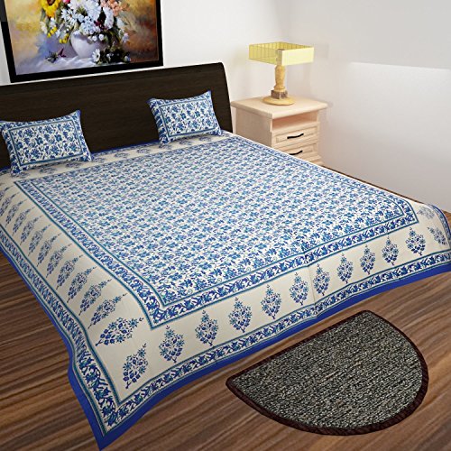 Traditional Mafia Mughal Collection 100% Pure Cotton Printed Double Bedsheet with 2 Pillow Covers, King, Blue