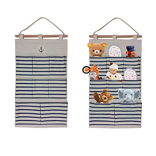 White & Blue Striped Hanging Organizer Nautical Theme Great for Little Stuff or Underwear, Toys & Stuffed Animal Holder Wooden Rod with Anker Print