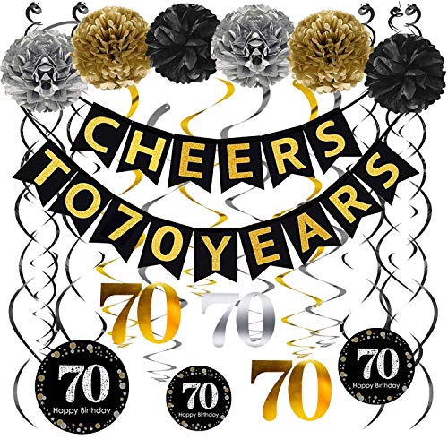 70th Birthday Party Decorations Pack - Cheers to 70 Years Banner,Poms, Sparkling Celebration 70 Hanging Swirls for 70 Years Old Party Supplies 70th Anniversary Decorations
