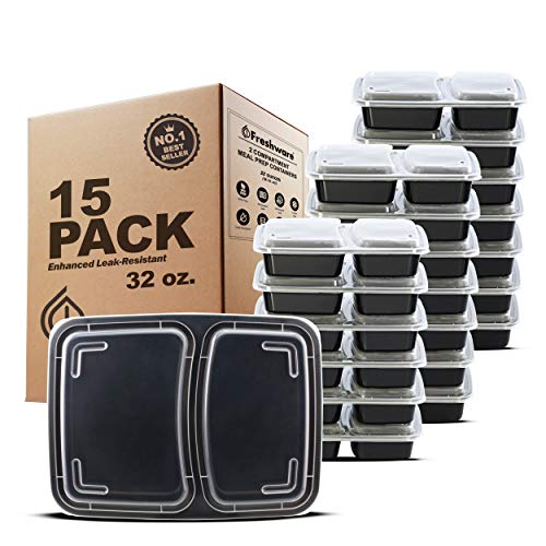 Freshware Meal Prep Containers [15 Pack] 2 Compartment with Lids, Food Storage Containers, Bento Box | BPA Free | Stackable | Plastic Containers, Microwave/Dishwasher/Freezer Safe (25 oz)