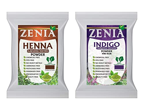 Zenia 100% Pure Indigo Powder and Henna Powder Hair Color Combo Kit | for Coloring Hair and Beard Black | 100 Grams Each | All Natural, Chemical Free, PPD-free, Ammonia-free