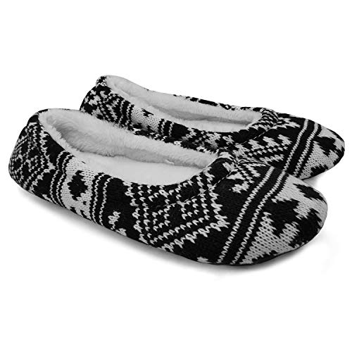 ofoot Womens Indoor Warm Knit House Shoes,Ballerina Slipper Socks,Washable Ballet Style Flats,Soft Soled Non Slip Rubber Bottom with Grips