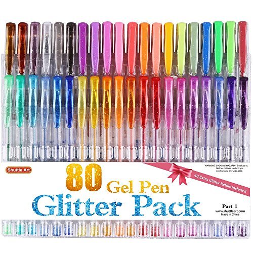Book Cover Shuttle Art 80 Colors Glitter Gel Pens, 40 Colors Glitter Gel Pen Set with 40 Refills for Adult Coloring Books Craft Doodling