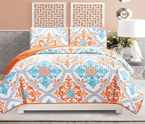 Book Cover 3-Piece Fine Printed Quilt Set Reversible Bedspread Coverlet (California) Cal King Size Bed Cover (Turquoise, Blue, White, Grey, Orange)