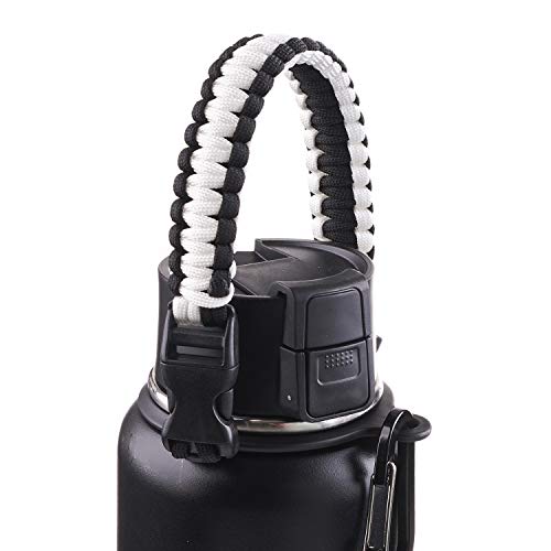 WaterFit Paracord Carrier Strap Cord with Safety Ring and Carabiner for 12-Ounce to 64-Ounce Wide Mouth Water Bottles, White/Black
