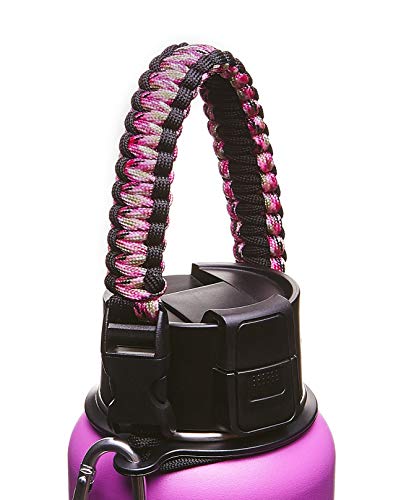 WaterFit Paracord Carrier Strap Cord with Safety Ring and Carabiner for 12-Ounce to 64-Ounce Wide Mouth Water Bottles, Pink Camo/Black