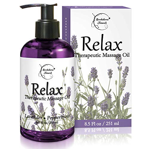 Book Cover Relax Therapeutic Body Massage Oil - with Best Essential Oils for Sore Muscles & Stiffness â€“ Lavender, Peppermint & Marjoram - All Natural - with Sweet Almond, Grapeseed & Jojoba Oil 8oz