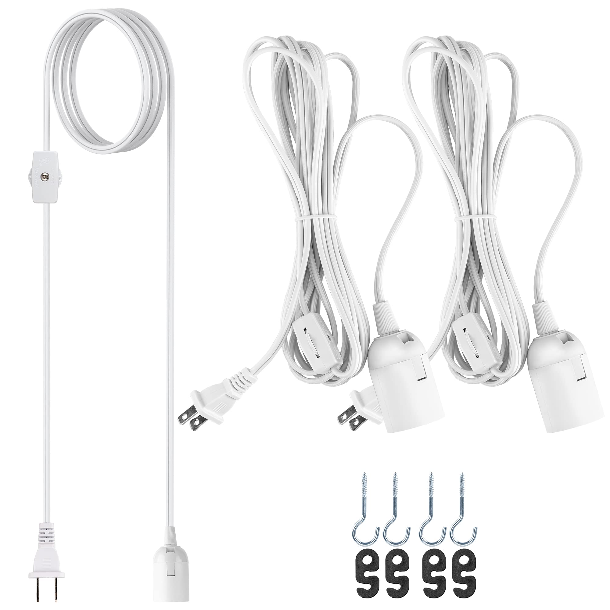 Book Cover JACKYLED Extension Hanging Lantern Cord Cable UL 2-Pack 12Ft 360W with E26 E27 Socket Gear Switch + Hooks + 2-Prong US AC Power Plugs, Extra Lighting for Garage, Closet, Dark Corner, Plants 2 12Ft-White(switch near the plug)