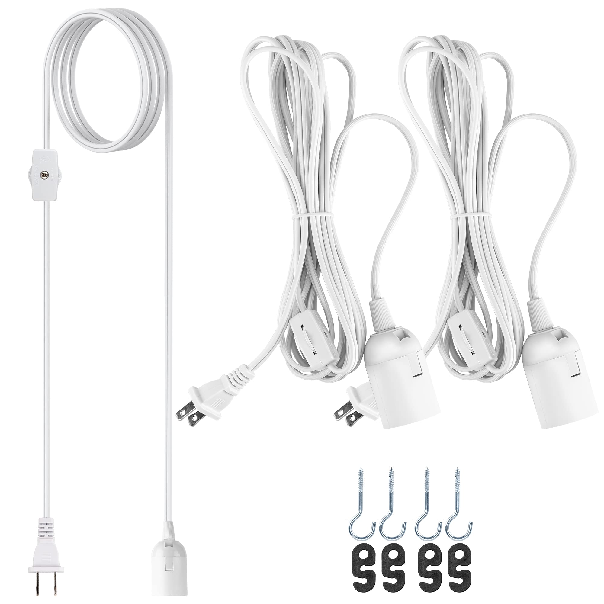 JACKYLED Extension Hanging Lantern Cord Cable UL 2-Pack 12Ft 360W with E26 E27 Socket Gear Switch + Hooks + 2-Prong US AC Power Plugs, Extra Lighting for Garage, Closet, Dark Corner, Plants 2 12Ft-White(switch near the plug)