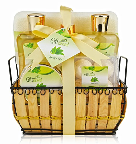 Giftsational Spa Gift Basket with Green Tea Fragrance, Great Birthday or Mothers Day Gift for Women - Spa Bath Gift Set Includes Bubble Bath, Bath Salts, Bath Fizzers, Shower Gel & Body Spray