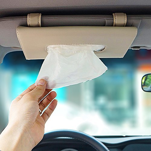 LOCEN Car Tissue Holder Visor Car Visor Tissue Holder Box Automotive Sun Visor Napkin Holder Leather Paper Pouch Case Clip for Car Vehicle Auto Beige