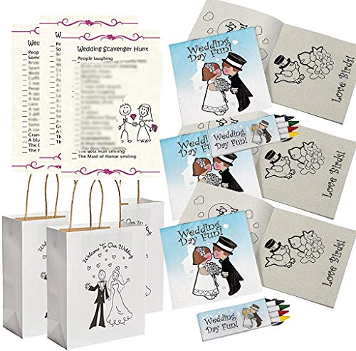 Wedding Activities for Kids - Individually Packaged Wedding Coloring Books and Crayons (12), Wedding Favor Bags (12) and Wedding Scavenger Hunt Sheets (25)