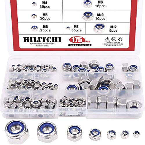 Hilitchi 175-Piece Stainless Steel Nylon Lock Nut Assortment Kit, Size Include: M3 M4 M5 M6 M8 M10 M12 (Lock Nuts)