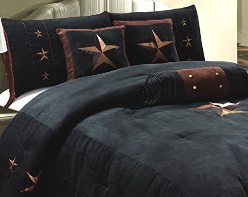 Grand Linen 4 Piece Western Lodge - Taupe/Brown Embroidered Lone Star Barbed Wire Curtain Set with Attached Valance and Sheers