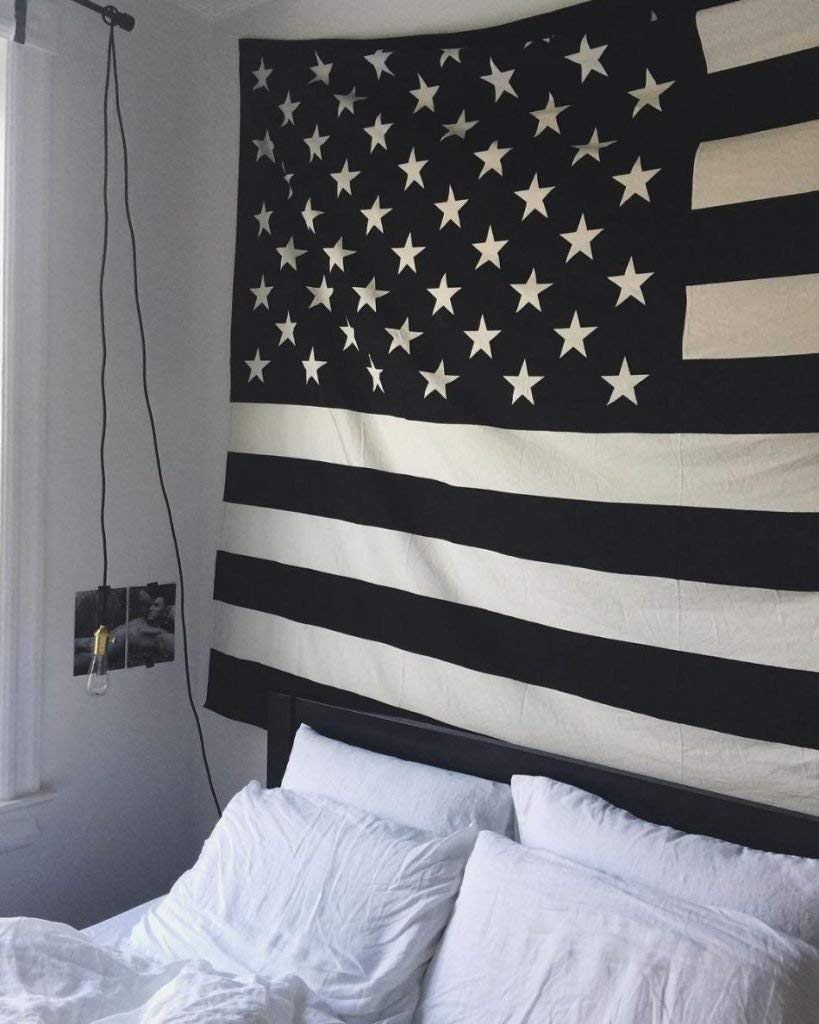 Book Cover The Boho Street Vintage American Flag Tapestry Black and White 100% Cotton, Indian Hippie Wall Hanging, Bohemian Bedspread, Mandala Cotton Dorm Decor Beach Cover up Black & White Freedom Flag Twin