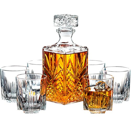 Book Cover Paksh Novelty 7-Piece Italian Crafted Glass Decanter & Whisky Glasses Set, Elegant Whiskey Decanter with Ornate Stopper and 6 Exquisite Cocktail Glasses