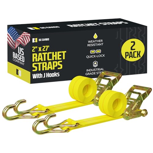 DC Cargo Tie-Down Ratchet Straps J-Hooks, (Pack of 2) Heavy Duty 2" x 27' Tie-Down Ratcheting Cargo Truck Straps Wire Hook Ends, J-Hook Ratchet Strap Tie-Downs