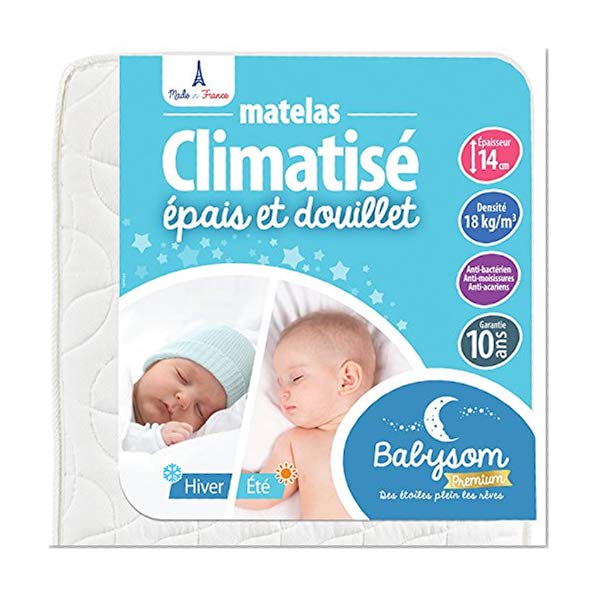 Babysom - Matelas Bébé Climatisé Eté/Hiver - 60 x 120cm - Epaisseur 14cm - Anti acarien - Fabrication francaise - Garantie 10ans