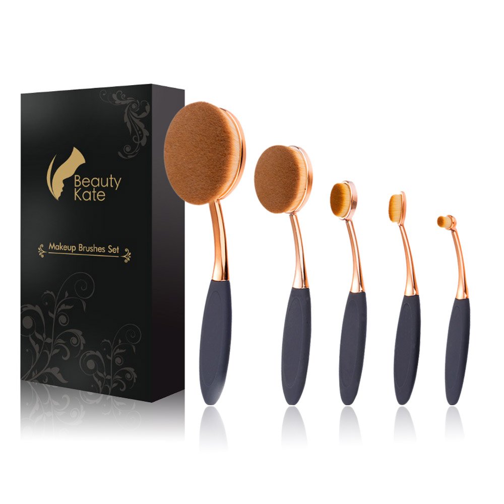 Beauty Kate Oval Makeup Brushes Set 5 Pcs Professional Oval Toothbrush Foundation Contour Concealer Eyeliner Blending Cosmetic Brushes Tool Set (Rose Gold Black) Style 5