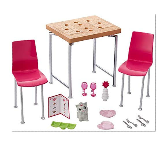 Barbie Mobilier Coffret Dîner pour Deux avec table, chaises pour poupées, accessoires de repas et figurine d'animal, jouet pour enfant, DVX45