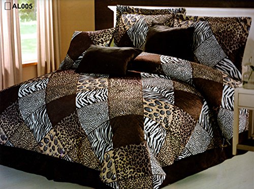 7 Piee Queen Size Safari Comforter Set - Zebra, Giraffe, Leopard, Tiger Etc - Multi Animal Print Bed in a Bag Brown Beige Black White Micro Fur Bedding