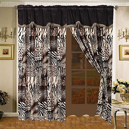 Book Cover 4 Piece Safari Curtain set - Leopard, Tiger Zebra, Etc - Multi Animal Print Bed in a Bag Brown Black Beige Micro Fur Set with attached Valance and Sheers