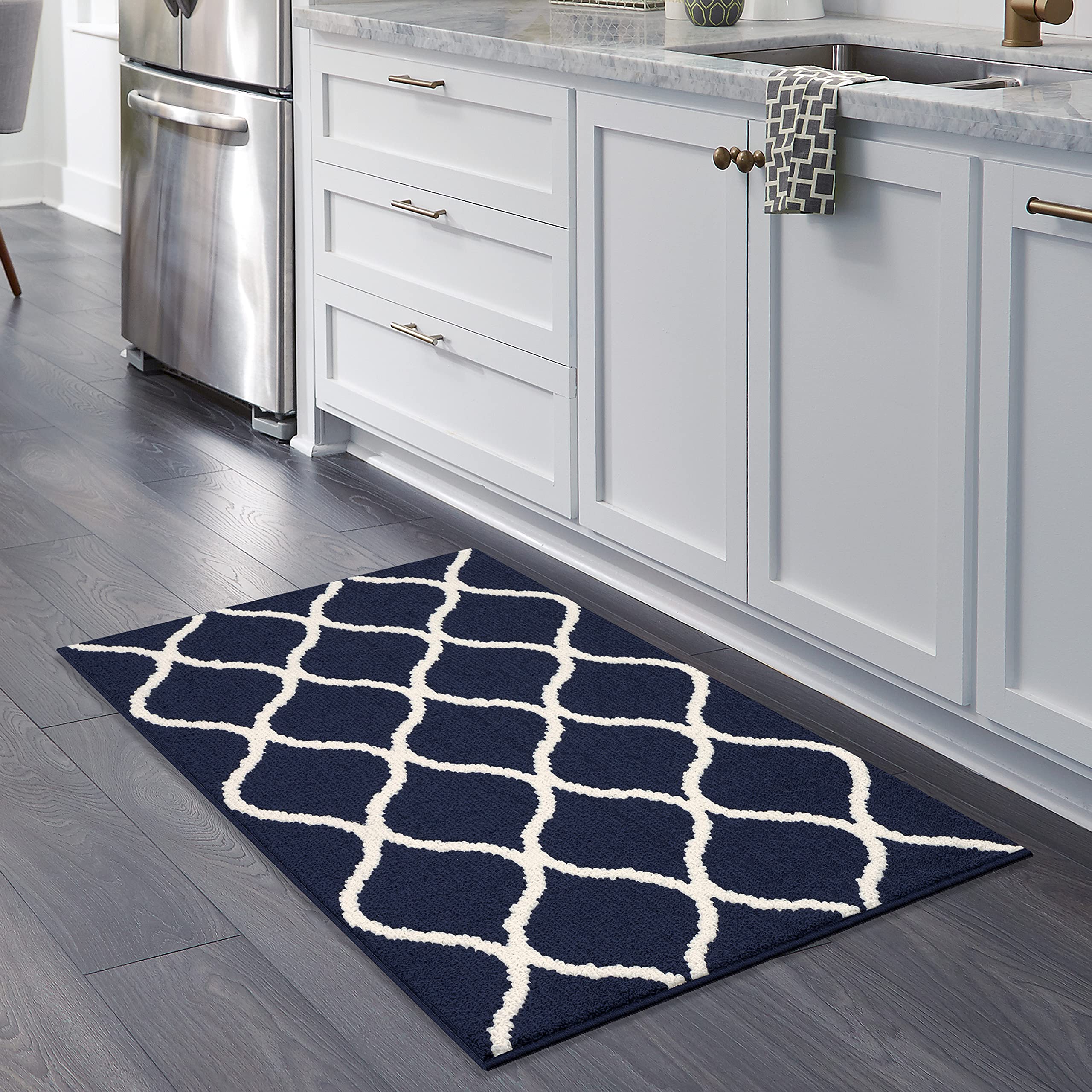 Book Cover Maples Rugs Rebecca Contemporary Kitchen Rugs Non Skid Accent Area Carpet [Made in USA], 2'6 x 3'10, Navy Blue/White Navy Blue/White 2'6