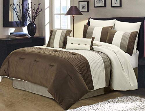 Book Cover Chezmoi Collection 8 Pieces Luxury Striped Comforter Set (Queen, Brown/Off-White/Taupe)