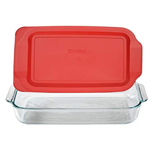 Book Cover Pyrex Basics 3 Quart Glass Oblong Baking Dish with Red Plastic Lid -13.2 INCH x 8.9inch x 2 inch