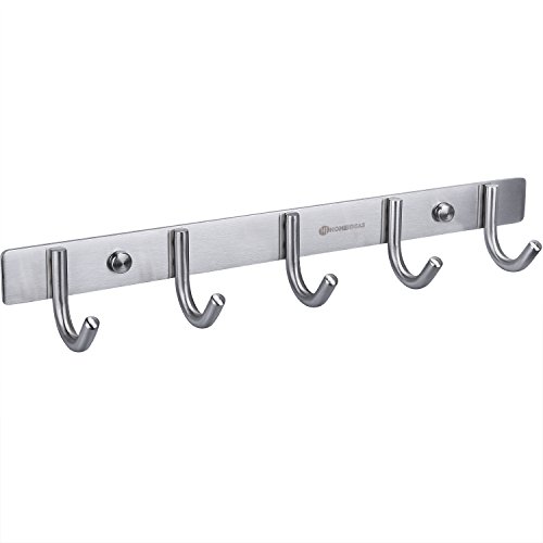 HOMEIDEAS Coat Hook Rack Wall Mounted 13-Inch SUS304 Stainless Steel Brushed Nickel Hook Rail with 5 Heavy Duty Hooks