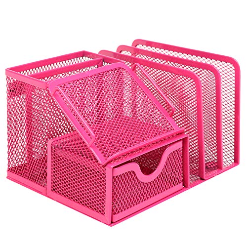 MyGift Metal Mesh Office Supplies Storage Rack, Mail Organizer, Post It Note Memo Pad Holder, Red
