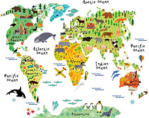 Book Cover HomeEvolution Large Kids Educational Animal Landmarks World Map Peel & Stick Wall Decals Stickers Home Decor Art for Living Room