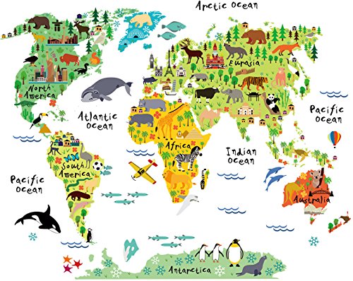 HomeEvolution Large Kids Educational Animal Landmarks World Map Peel & Stick Wall Decals Stickers Home Decor Art for Living Room