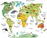 HomeEvolution Large Kids Educational Learning Animal Landmarks World Map Peel & Stick Wall Decals Stickers Home Decor Art for Nursery
