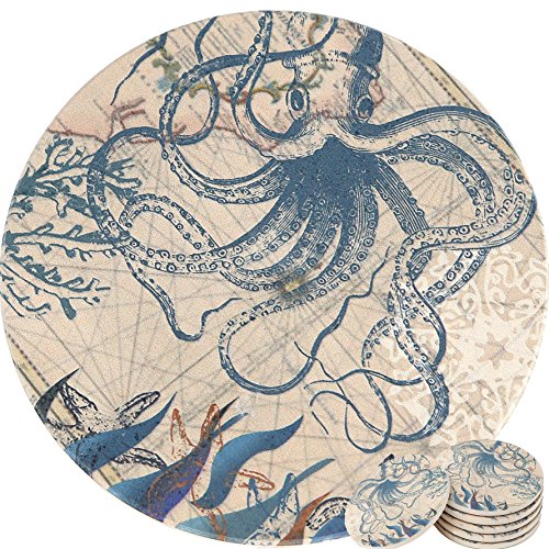 Enkore Coasters Set of 6 - Absorbent Ceramic Stone Keep Spill Off Table, Coaster for Drinks in Vibrant Colors and Cork Back Pad - Octopus On World Map Novelty Design with NO Holder