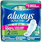 Always Ultra Thin Pads with Wings, Size 2, Long Super, 126 Count (3 Packs of 42)