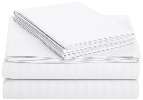 Book Cover AmazonBasics Deluxe Microfiber Striped Sheet Set, Bright White, Twin