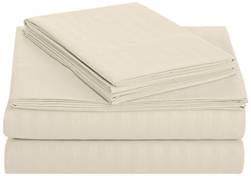 Book Cover AmazonBasics Deluxe Striped Microfiber Bed Sheet Set - Queen, Beige