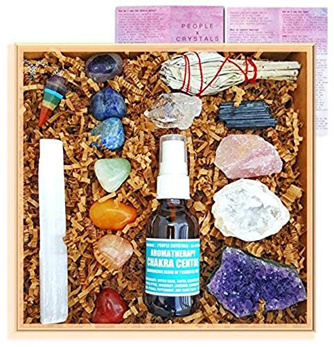 Book Cover Premium Healing Crystals Full Gift Set/Includes 7 Chakra tumbles, Crystal Pendulum, Amethyst Cluster, Raw Rose Quartz, and Crystal Point/Bohemian Meditation Kit