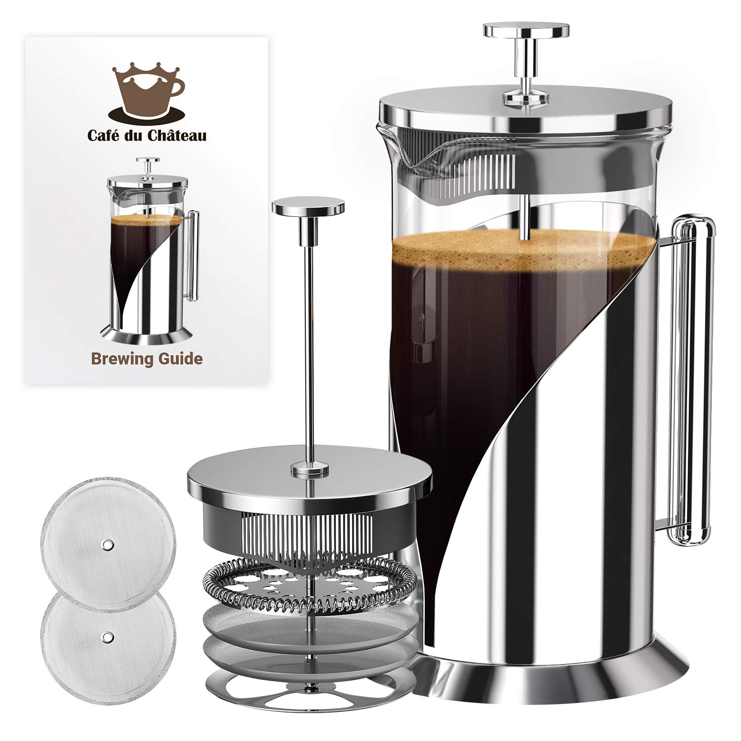 Book Cover Cafe Du Chateau The Original Glass French Press Coffee Maker Versatile Coffee Press, Tea Press w/ 4 Level Filtration, BPA Free French Press Stainless Steel Coffee Maker (34oz)